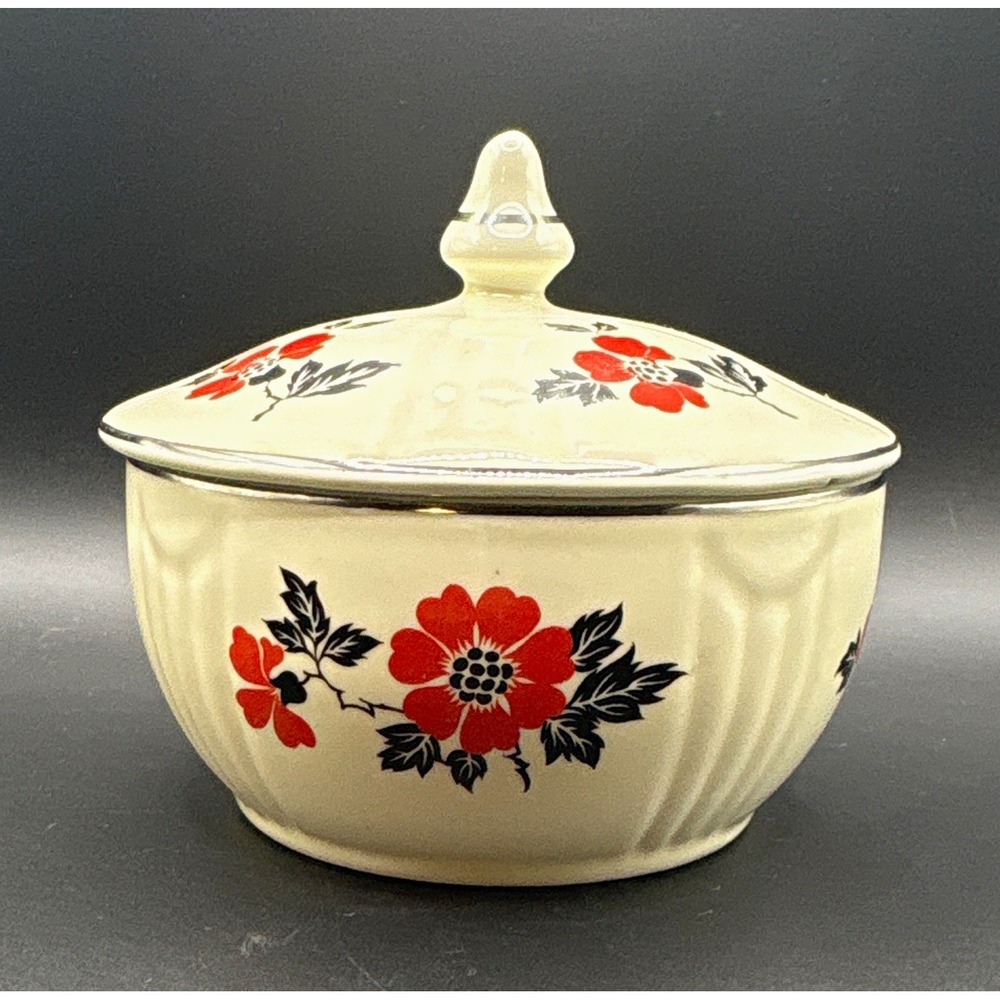 Hall's Ceramic Round Lidded Jar w/ Handle Lid, Red Floral, 2pc, 5.5in